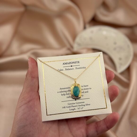 Amazonite Genuine Gemstone Necklace – 14K Gold Plated Sterling Silver - Picture 4 of 5